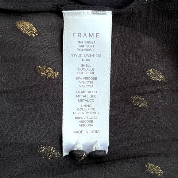 FRAME Black Sheer Gold Metallic Tie Neck Long Sleeve Blouse Women’s Top Size M - Picture 10 of 11